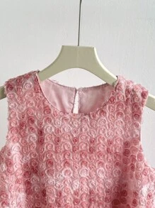 Tween Girl Fashion Elegant Sleeveless 3D Floral Mesh Splice Princess Party Dress - Pink - View 4