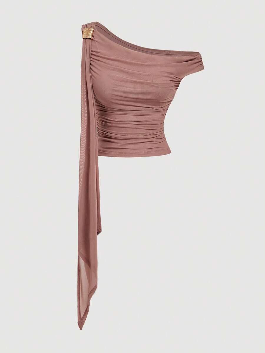 SHEIN MOD Camiseta rosa asimétrica con volantes, decoración vintage de metal en estilo de los años 70, western, renacimiento