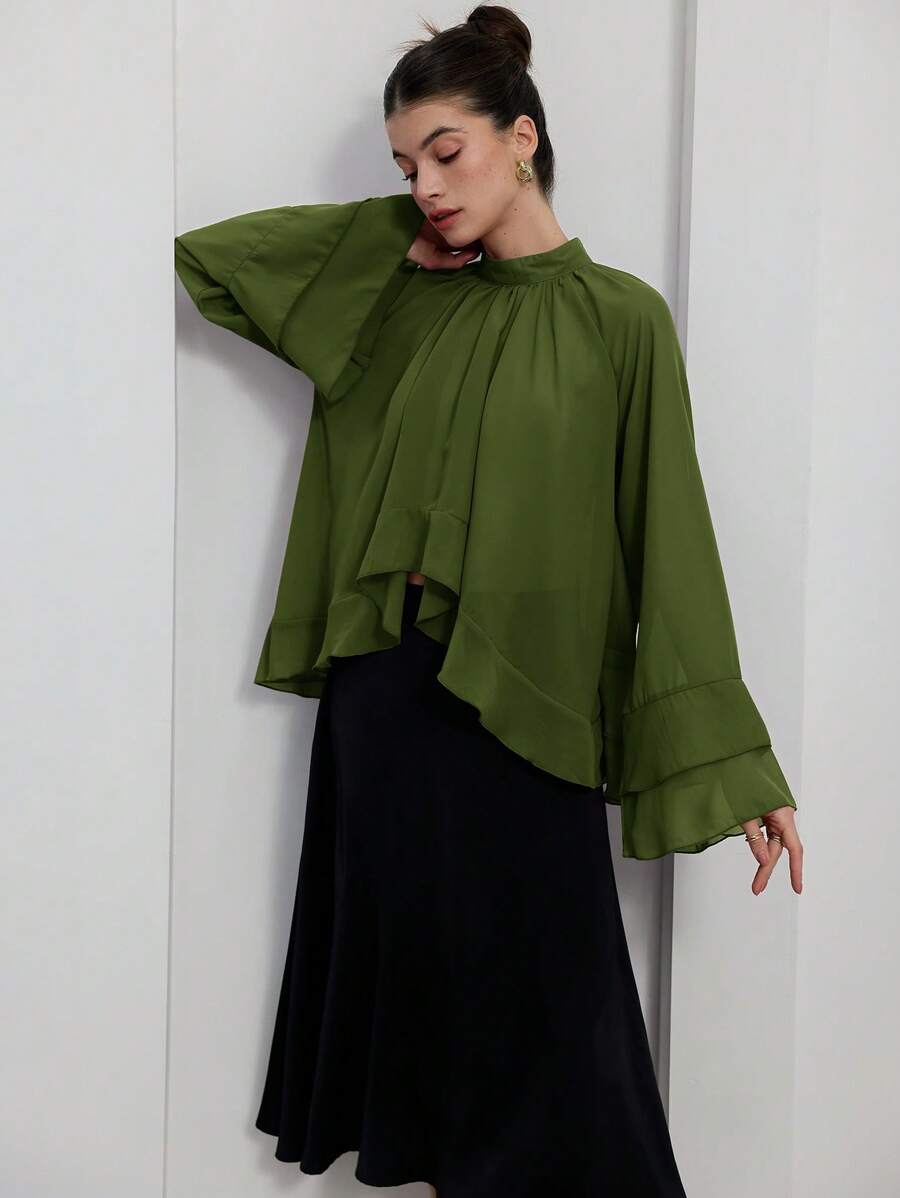 Revavyn 紫色雪纺透明荷叶边多层优雅奢华感设计女式衬衫 - 軍綠色 - 查看 1