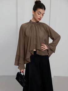 Aveloria 紫色雪纺荷叶边层叠喇叭形优雅奢华设计女式衬衫