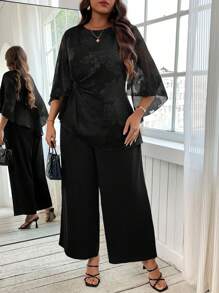 SHEIN Clasi 2 szt. Plus Size Elegancki Jednokolorowy Zestaw Koszula I Spodnie Żakardowe - Czarne - Zobacz 1