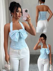 Elenzga Damen Sommer Mode Bluse mit Schleifendekoration und Halsausschnitt