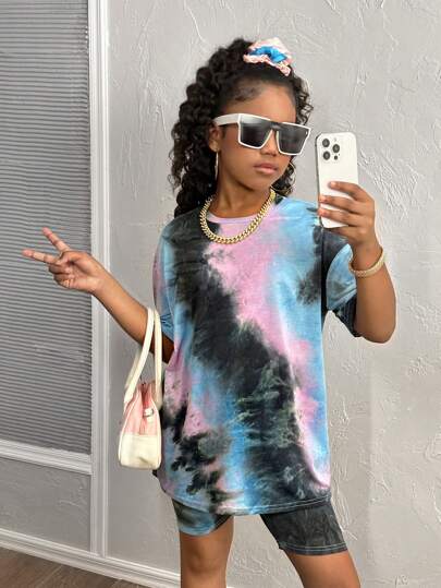 SHEIN Tween Girl Tie Dye Drop Shoulder Tee & Biker Shorts  Oversized