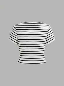 SHEIN Girlism 4 件套 Tween 女童休闲基本款修身圆领红心刺绣舒适弹力条纹纯色针织 T 恤，黑白条纹