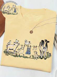 SHEIN Áo thun in hình động vật trang trại, lợn, bò, chó giả thêu cho nữ - Màu vàng - Xem 1
