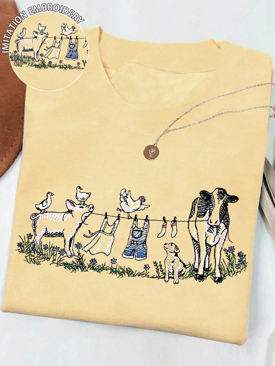 SHEIN Áo thun in hình động vật trang trại, lợn, bò, chó giả thêu cho nữ - Màu vàng - Xem 1