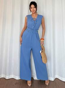 Islaluna Chic V-Neck Drawstring Jumpsuit - Blue - View 4