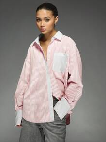 MISSGUIDED Koszula w paski z długim rękawem i guzikami w rozmiarze oversize, Boyfriend, do biura, do pracy, na co dzień, kolekcja jesień/zima - Słodki róż - Zobacz 1