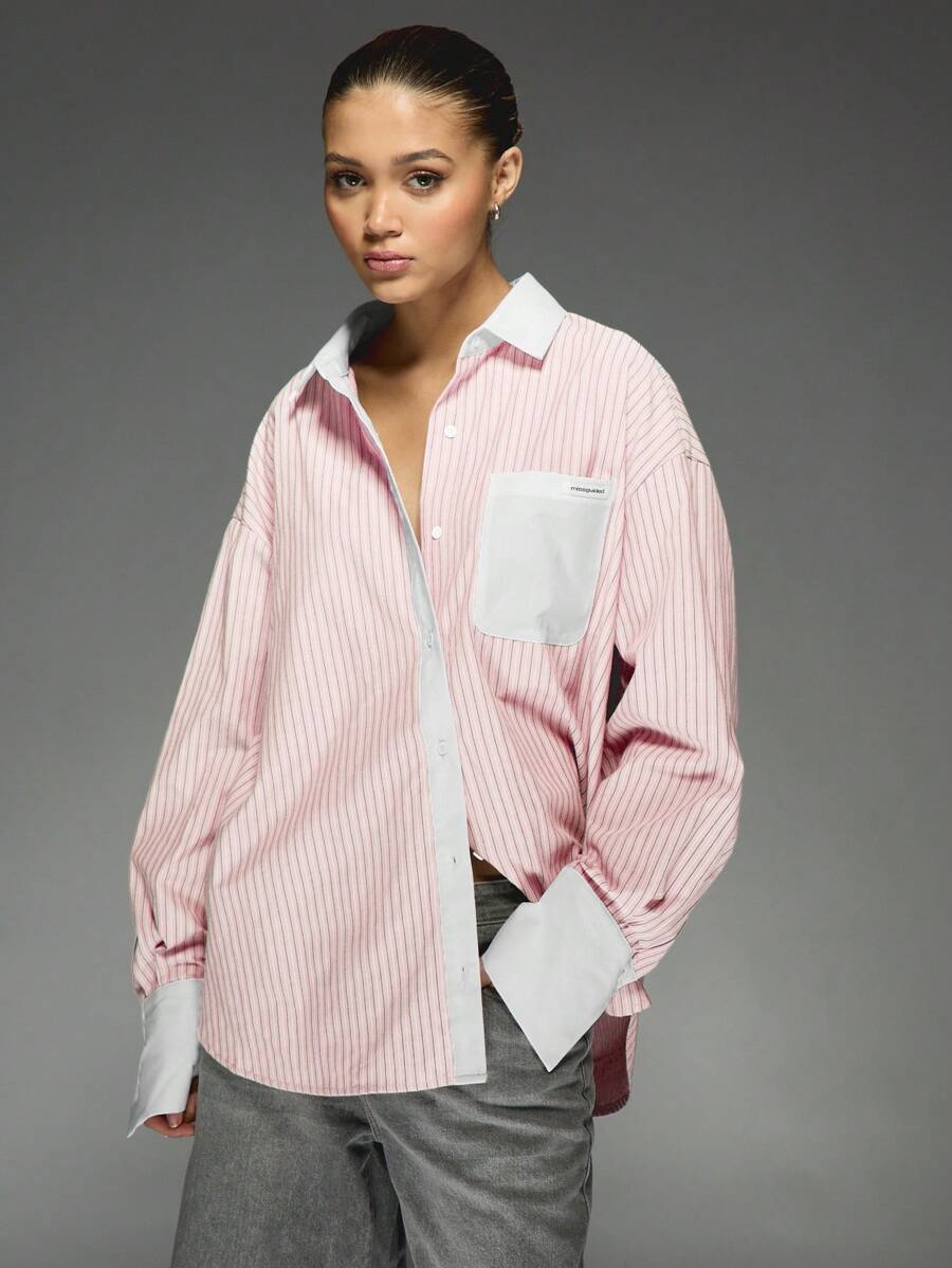 MISSGUIDED Koszula w paski z długim rękawem i guzikami w rozmiarze oversize, Boyfriend, do biura, do pracy, na co dzień, kolekcja jesień/zima - Słodki róż - Zobacz 1