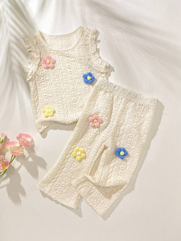 SHEIN Playful Pals 2 Stücke/Set Baby Mädchen 0-3J Frühling/Sommer atmungsaktiver Jacquard-Strick Blumen Cami Top + weite Hose Outfits, helles Aprikose Säuglings Kleidung