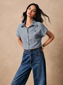 Poéselle 条纹心形刺绣纽扣前部春季衬衫纽扣衬衫刺绣上衣休闲条纹棉麻衬衫舒适透气适合夏季休闲度假日常穿着