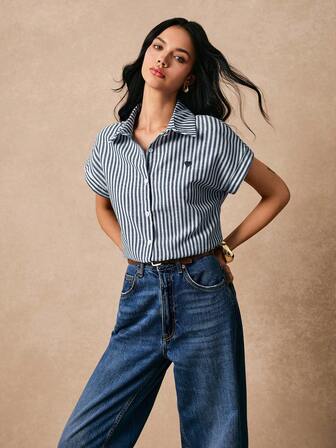 Poéselle Striped Heart Embroidery Button Front Spring Shirts Button Down Shirt Embroidered Top Casual Striped Cotton Linen Shirt Is Comfortable And Breathable For Summer Leisure Holiday Daily Wear