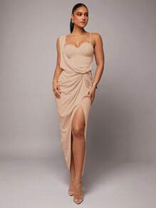 Silquee Váy suông hở vai bất đối xứng bằng vải lanh màu mơ lãng mạn cho ngày lễ tình nhân & đêm hẹn hò, váy dây mảnh xẻ tà bất đối xứng cho tiệc tùng, đám cưới, đêm hẹn hò, vũ hội, đi làm hàng ngày, kỳ nghỉ - Màu Khaki - Xem 6