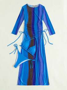 SHEIN Swim 夏季沙灘3件套背心三角領綁帶連身泳裝和遮陽服 - 藍色 - 查看 7