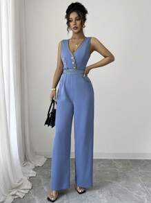 Elenzga Sleeveless Elegant Jumpsuit, New Women Clothes - Blue - View 2