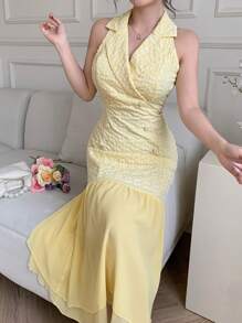 Modelyn Elegant Blazer Collar Double-Breasted Chiffon Patchwork Jacquard Yellow Dress - Yellow - View 7