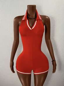 BamGleam 女士性感露背吊带连体裤 - 紅色 - 查看 3
