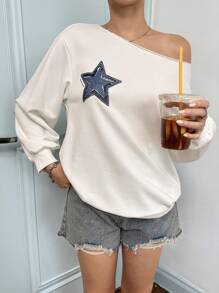 SHEIN 少女休闲舒适不对称领星形印花长袖卫衣 - 白色 - 查看 3