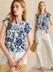 Écloséra 法式复古镂空刺绣印花盖袖立领V领白底蓝花女衬衫夏季上衣女夏装女度假装女优雅女士外出上衣夏季女短袖 - 彩色 - 查看 2