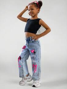 Young Girls Loose Fit Distressed Blue Denim Pants,Heart & Bow Print Summer Back-To-School Cute Graphic Distressed Jeans,Y2K Vintage Washed Ripped - Light Wash - View 3
