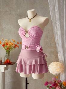 SHEIN Swim Bộ đồ bơi liền thân cắt xẻ bằng vải dệt kim Jacquard kim loại, thường ngày cho kỳ nghỉ hè trên bãi biển - Hồng - Xem 3