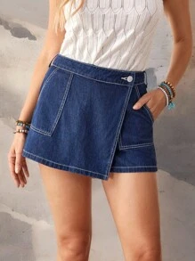 EMERY ROSE Shorts de falda vaquera de verano para mujer con bolsillo con abertura y pespunte de contraste - Azul lavado oscuro - Ver 7