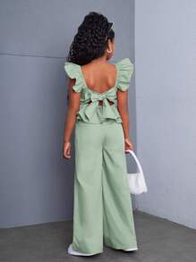 SHEIN 青少年女孩优雅编织纯色短袖衬衫和裤子套装，日常服装