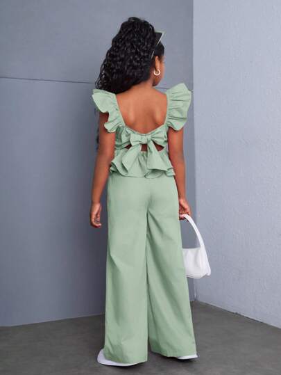 SHEIN Conjunto de blusa de manga corta y pantalones de unicolor tejido elegante para niñas preadolescentes, atuendo diario