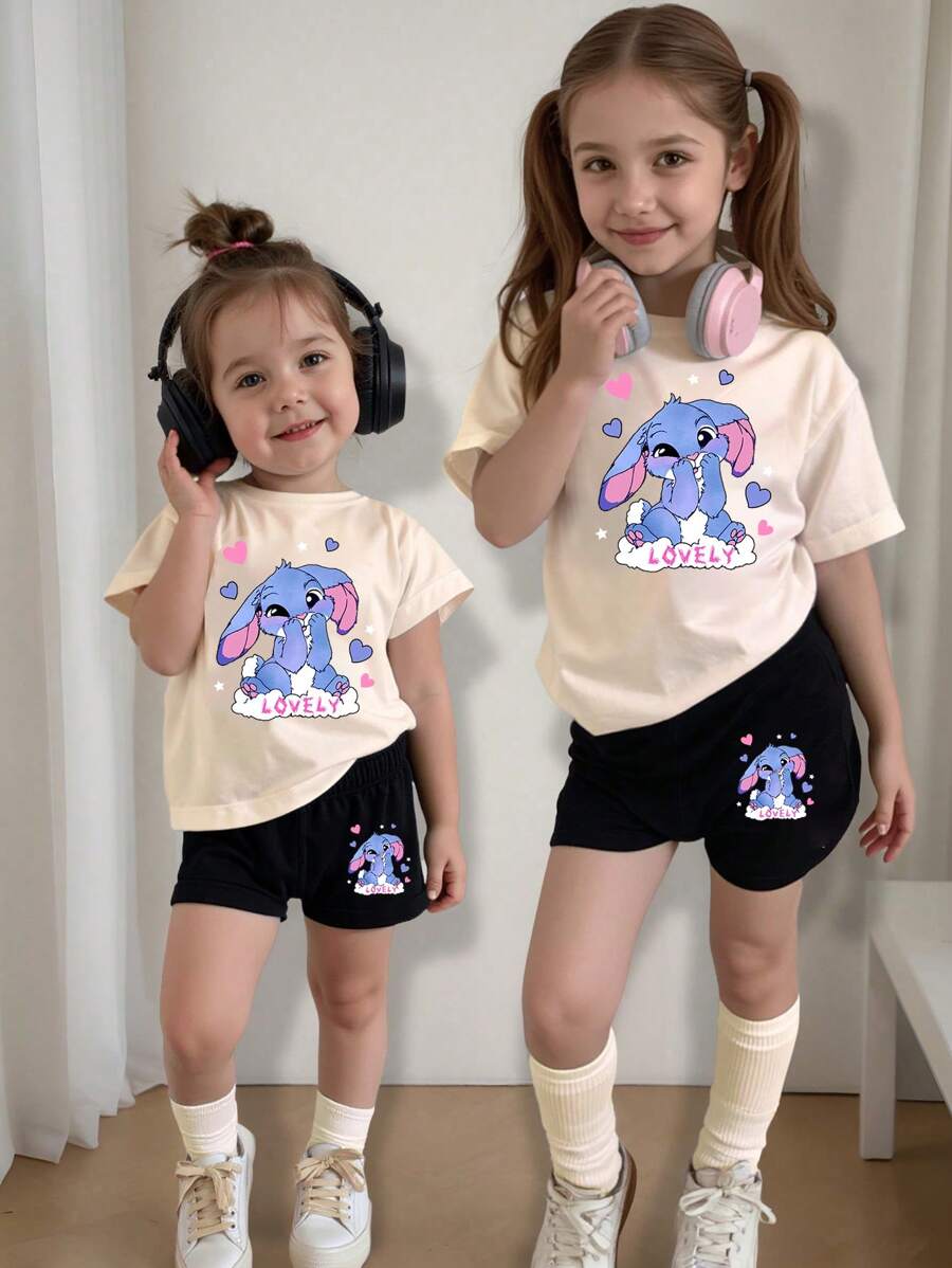 SHEIN 少女休闲卡通印花T恤短裤套装，夏季 - 彩色 - 查看 1