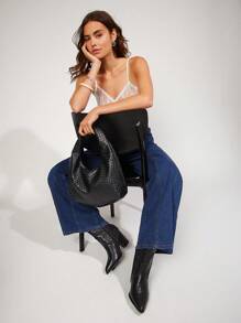 Solezae 女士尖头西部风粗跟中筒靴 - 黑色 - 查看 7