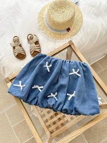 SHEIN Young Girl Denim Ruffled Mini Skirt With White Ribbon Bow, Spring And Summer Casual Vacation - Light Wash - View 2