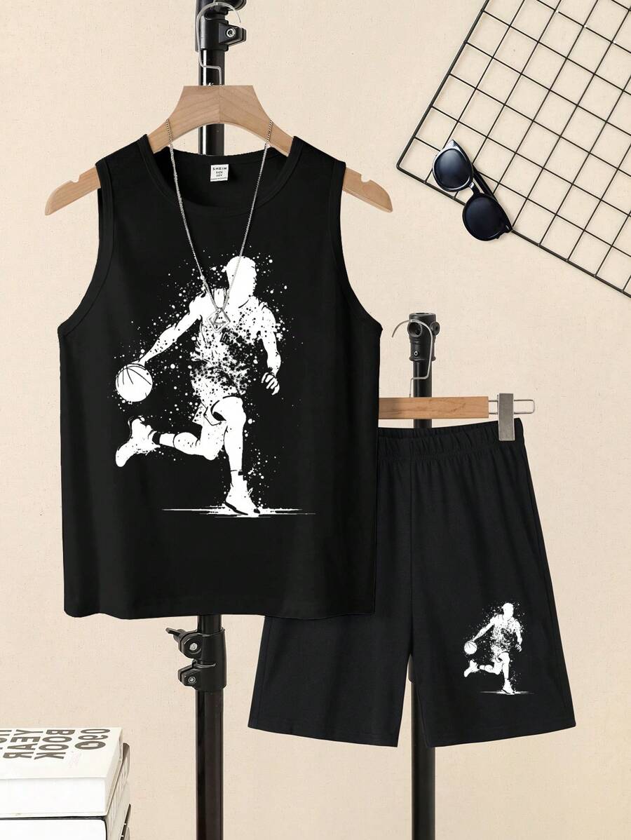 SHEIN 2 件套青少年男童休闲简约圆领背心和短裤套装,适合夏季 - 黑色 - 查看 1