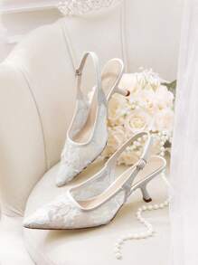 CUCCOO HITCHD Damen Spitze bestickte Spitzschuh Kitten Heel elegante romantische weiße Spitze Mesh Pumps mit mittlerem Absatz, Festschuhe für Braut, Brautjungfer, Party, Hochzeit