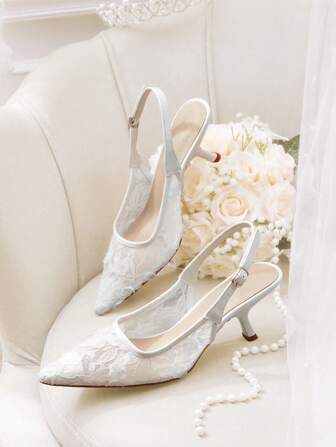 CUCCOO HITCHD Women's Lace Embroidered Pointed Toe Kitten Heel Elegant Romantic White Lace Mesh Mid-Heel Pumps, Peep Toe Dress Shoes For Bride, Bridesmaid, Party, Wedding