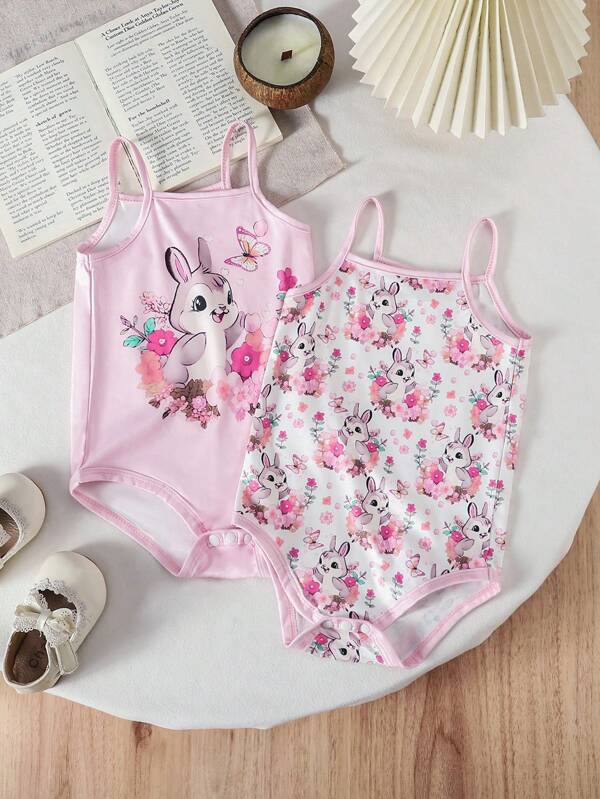 2pcs/Set Baby Girl Infant Toddler Newborn 0-2Y Soft Knit Fabric One Piece Romper, Cute Rabbit Pattern Design, Snap Bottom Closure, Comfortable For Indoor & Outdoor, Spring/Summer