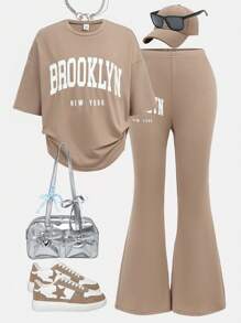 SHEIN Girlism Bộ 2 chiếc áo thun thể thao cổ tròn tay ngắn và quần ống loe cho bé gái tuổi teen - Màu Khaki - Xem 13