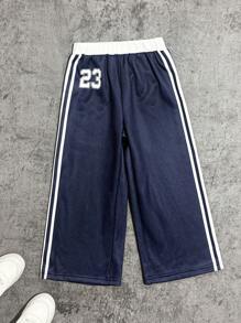 Young Girl Number Print Elastic Waist Loose Wide Leg Sweatpants Fall Winter - Blue - View 1