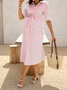 SHEIN Maternity Summer Casual Striped Shirt Collar Dress - Pink - View 7