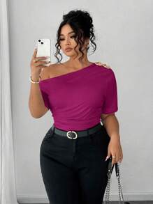 Rometta Plus Size Women Elegant Personalized Versatile Fashion Casual Commuting Cold-Shoulder Top - Hot Pink - View 5