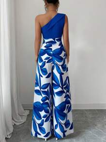 Elenzga 女式休闲植物印花拼接阔腿连体裤，度假风格 - 藍色 - 查看 2