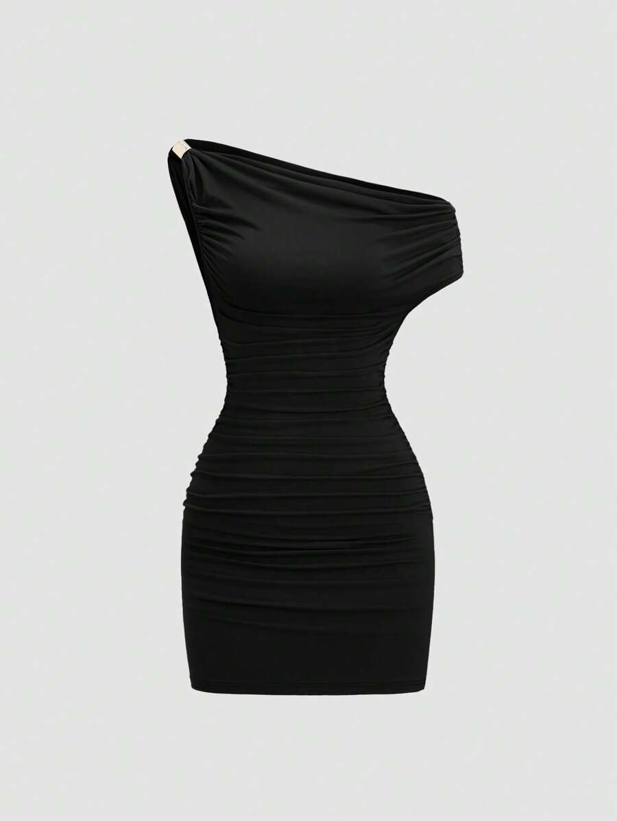 Sweetra Sexy Off-Shoulder Ruched Bodycon Mini Dress, Sweet Spicy Style With Layered Details - Black - View 1