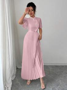 Elenzga Vestido midi de mujer elegante de manga corta con vuelo en el bajo y corte evasé - Rosa - Ver 5