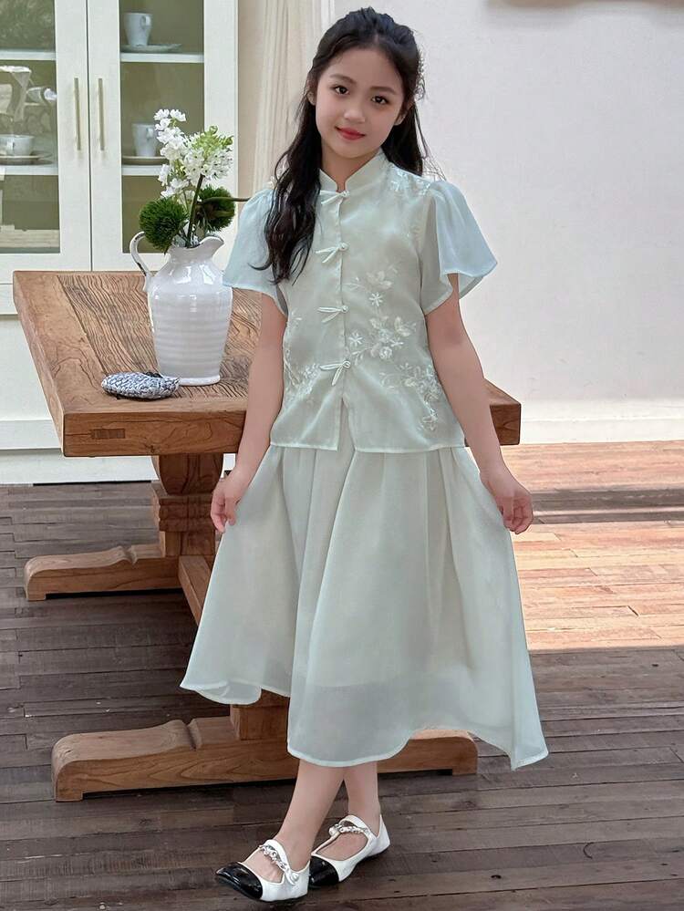 DAZY 2pcs/Set Tween Girls Mandarin Collar Ruffle Short Sleeve Top And Mini Skirt Set, Summer,Back To School Clothes - Green - View 3