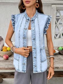 Breezaya Áo khoác denim không tay giặt thường ngày cho nữ - Màu xanh lam - Xem 6