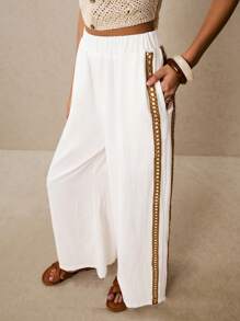 Poéselle Women's Color Block Ribbon Embroidered Sunray Wide Leg Trousers - White - View 5