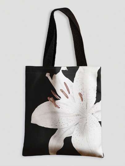 Kawaii Vacation Oversized Floral Print Reversible Tote Bag, Pink Flower Pattern For Commuting & Holiday