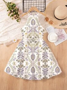 Teens Girls Casual Minimalist Vintage Bohemian Floral Print Cami Dress, Suitable For Summer