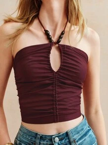 Écloséra Top halter con tirantes de estilo retro francés, plisado, con cordón, de madera y cuentas, para vacaciones de primavera y verano, nuevo y sexy, con espalda descubierta para damas - Óxido marrón - Ver 5