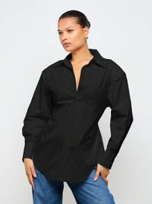 AiiRZ Blusa abotonada con hombreras clásica, de manga larga, de estilo de moda contemporánea, profesional y de uso casual en la oficina - Negro - Ver 1
