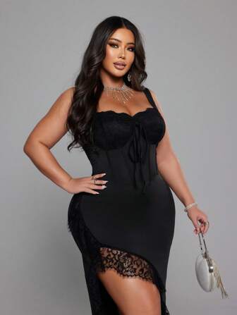 NU&NOW 大码女式纯色蕾丝拼接性感优雅开衩紧身吊带连衣裙